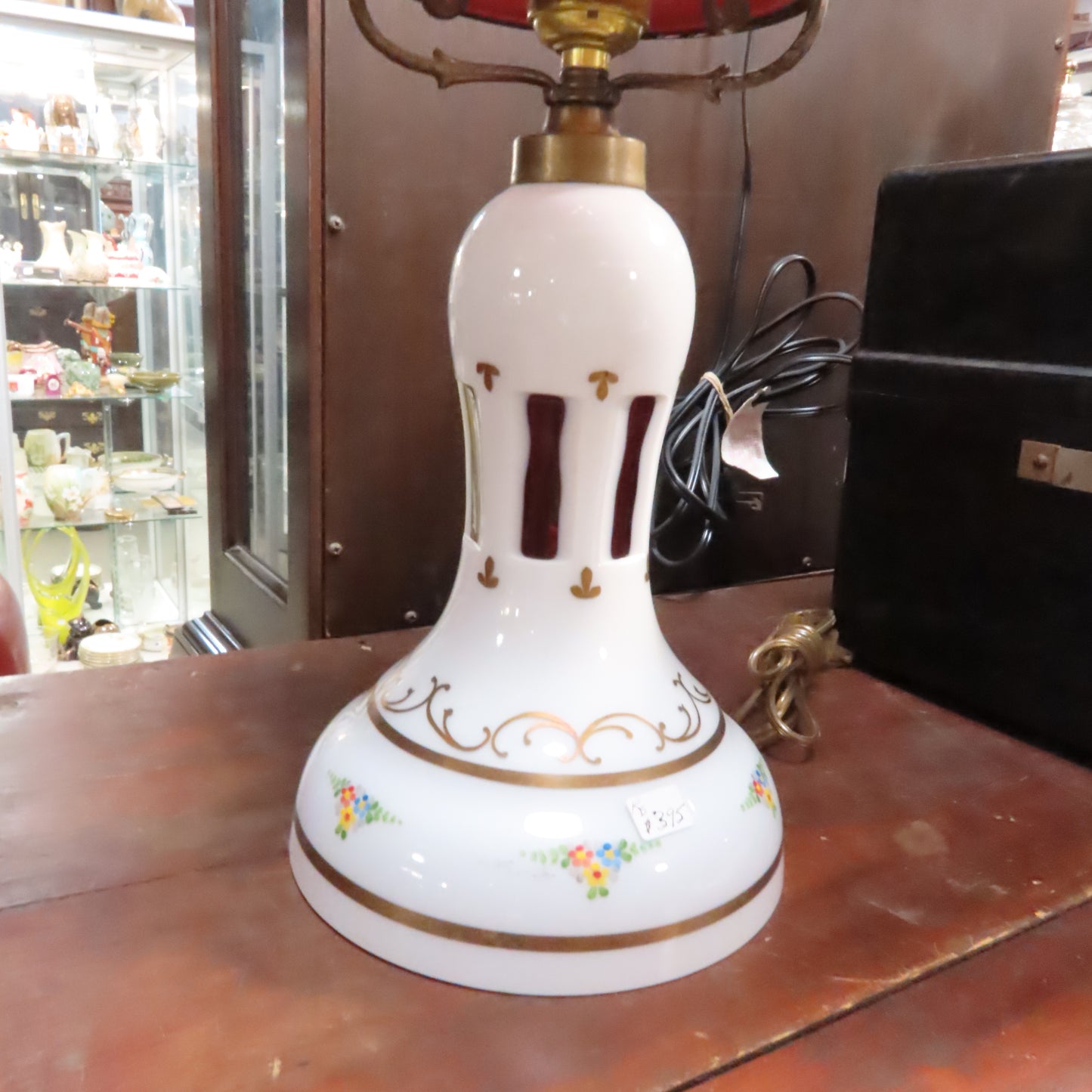 Vintage White Cut to Cranberry Czechoslovakia Hand Painted Enamel Lamp