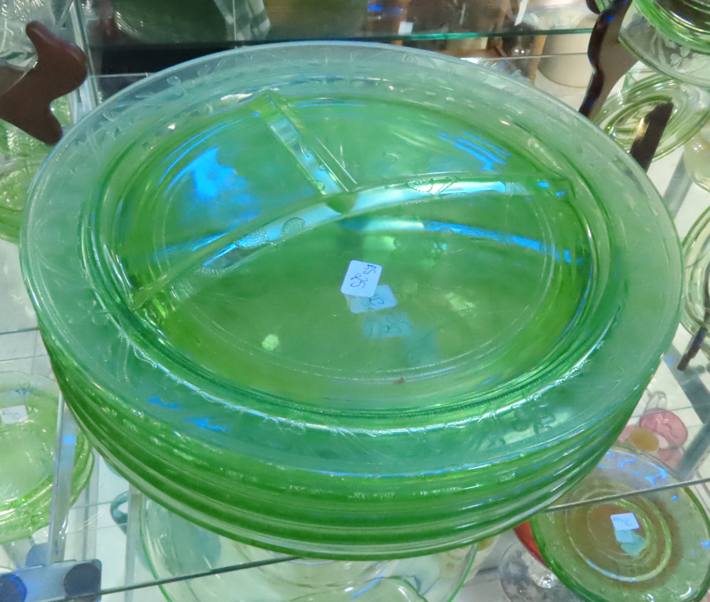 Vintage Green Uranium Glass Depression Glass Sectional Clover Pattern Plate