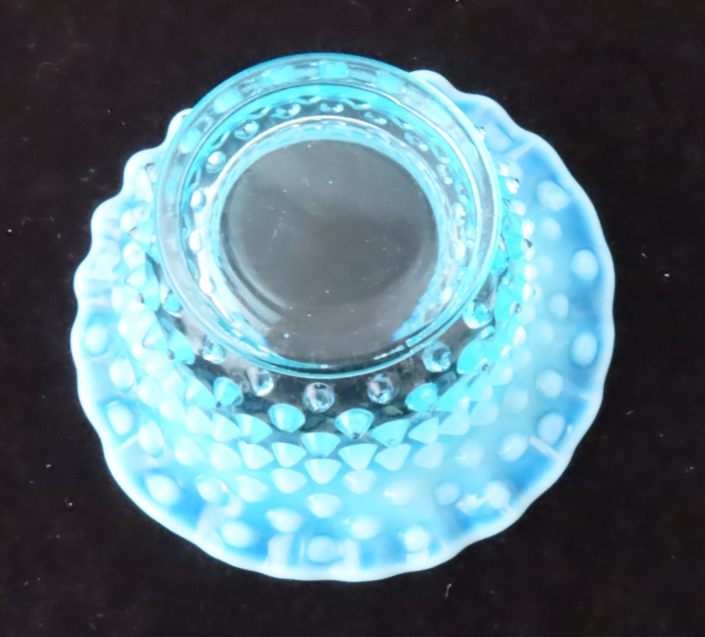 Light Blue Opalescent Hobnail pattern mayonnaise condiment bowl w/underplate