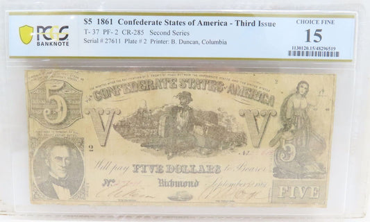 1861 Third Issue Confederate State of America $5 F 15