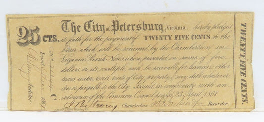City of Petersburg, VA 25c Obsolete Currency Note