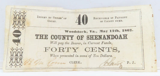 1863 the County of Shenandoah 40c Obsolete Currency