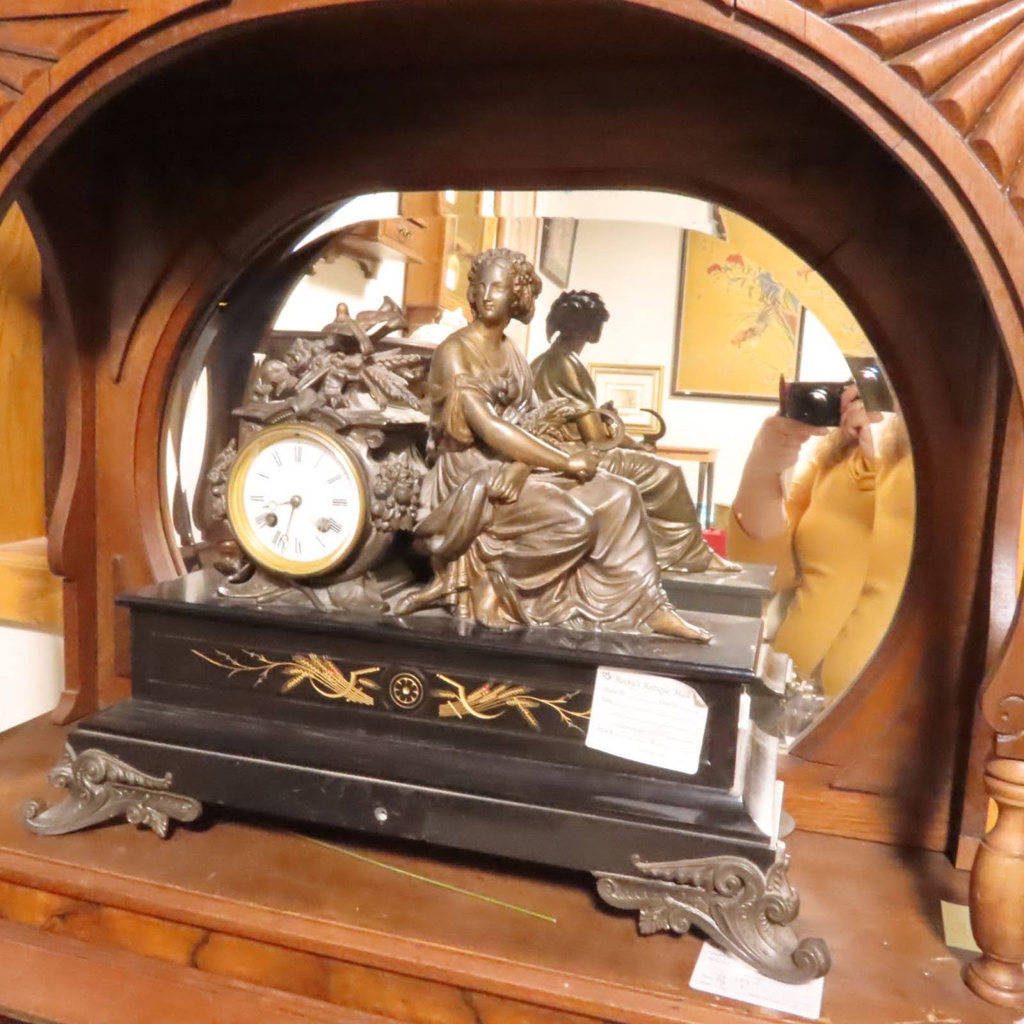 Antique Brass Figural Lady Clock with Marble Base