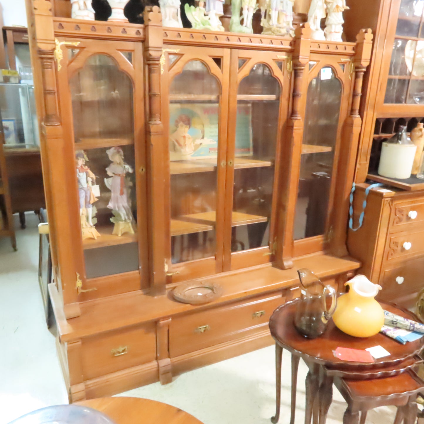 Antique Walnut Wood Large Bookcase Wall Unit Glass front