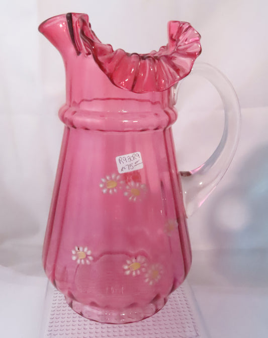 Vintage Hand Blown Cranberry Enamel Detail Pitcher