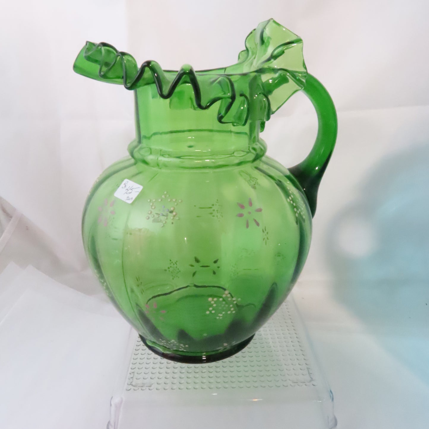 Vintage Hand Blown Green Enamel Detail Pitcher