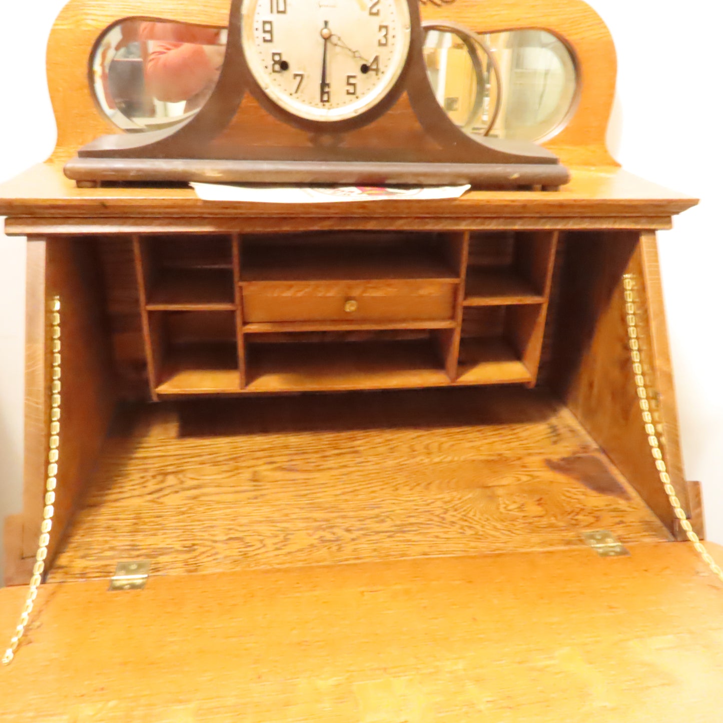 Solid Oak Applique Fold Down Desk w/Mirror Top