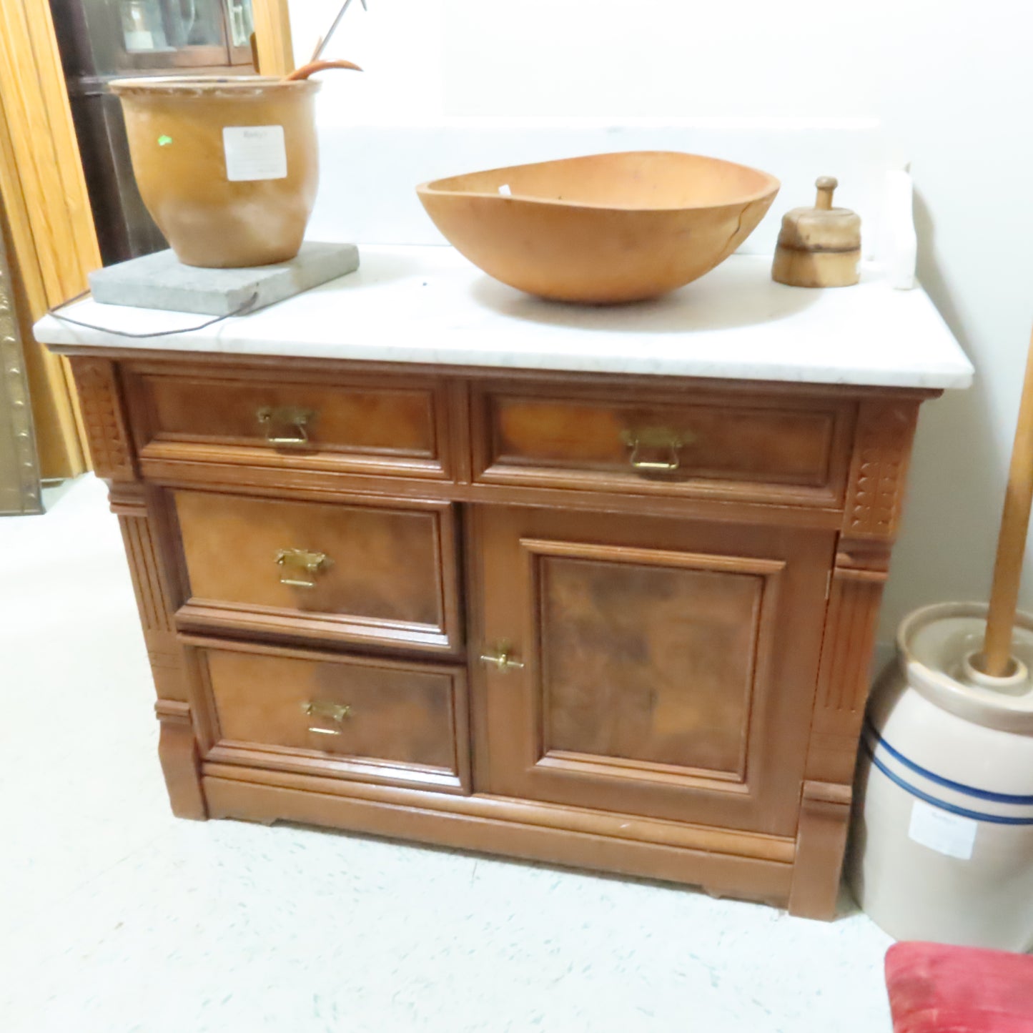 SALE Antique Marble Top Burl Inlay Walnut 4 Drawer Wash Stand
