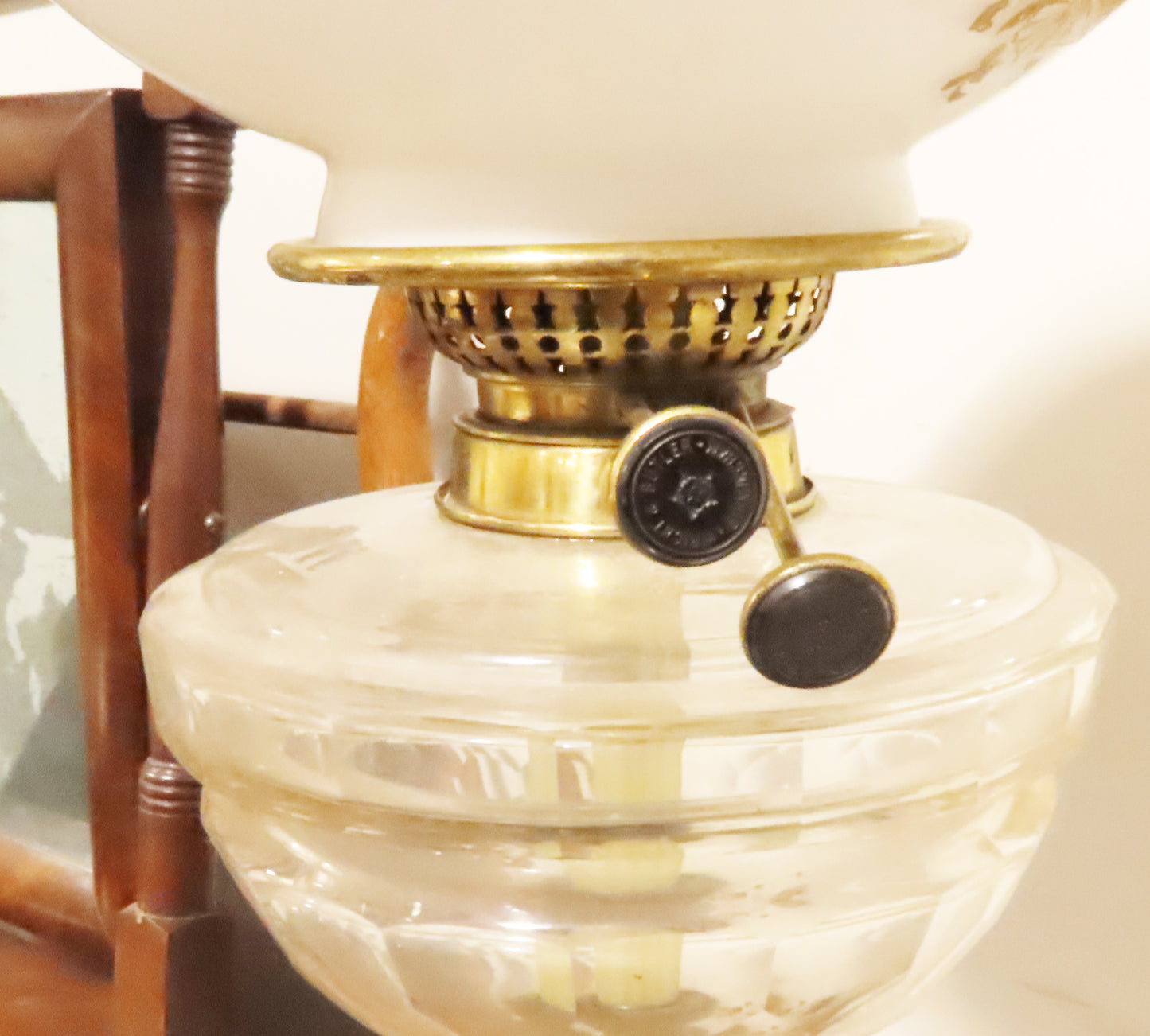 Rare Wright & Butler Oil Banquet Lamp 32" tall Wood & Brass Base