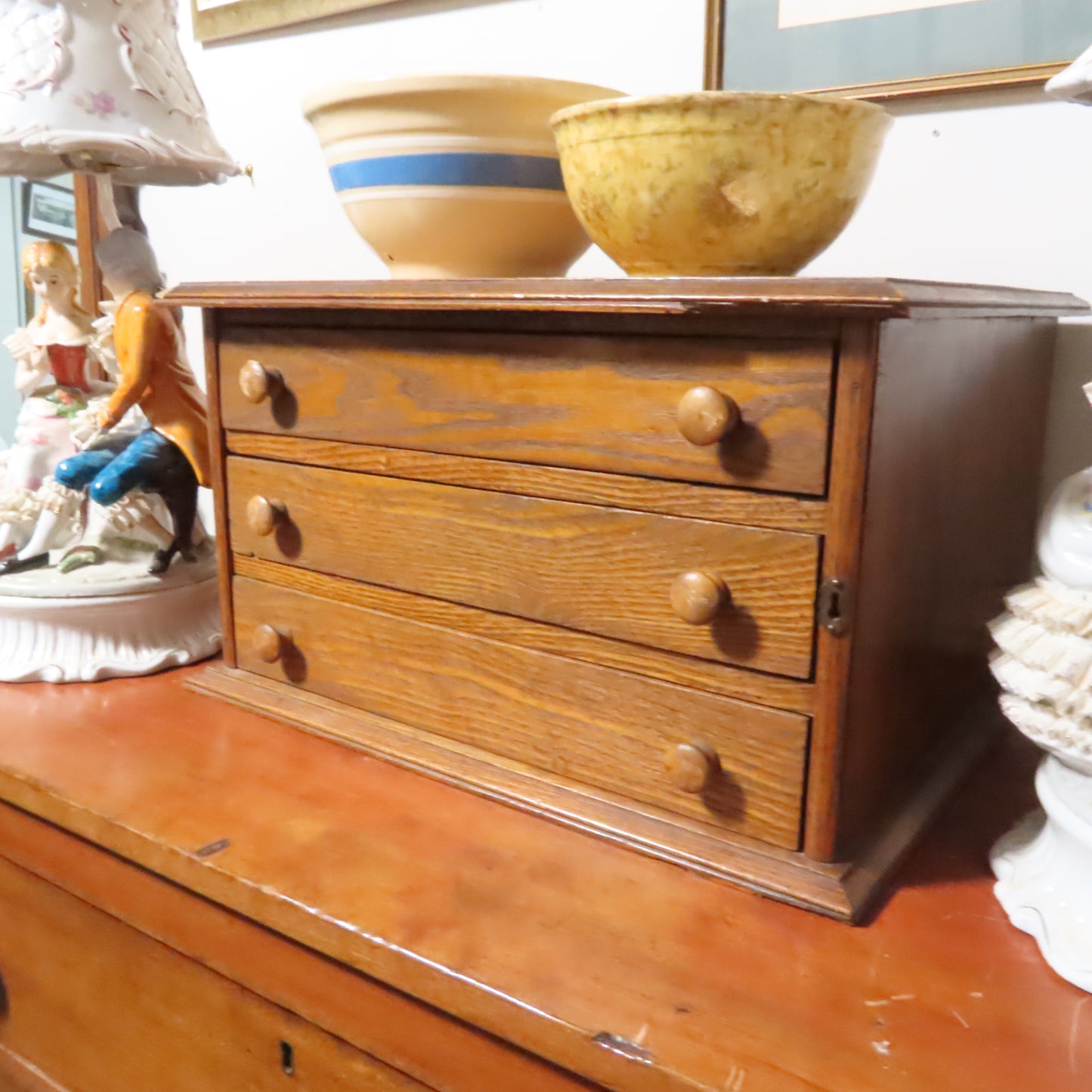 Vintage 3 Drawer Wood Spool Cabinet 18 3/4 x15 x10 7/8" tall
