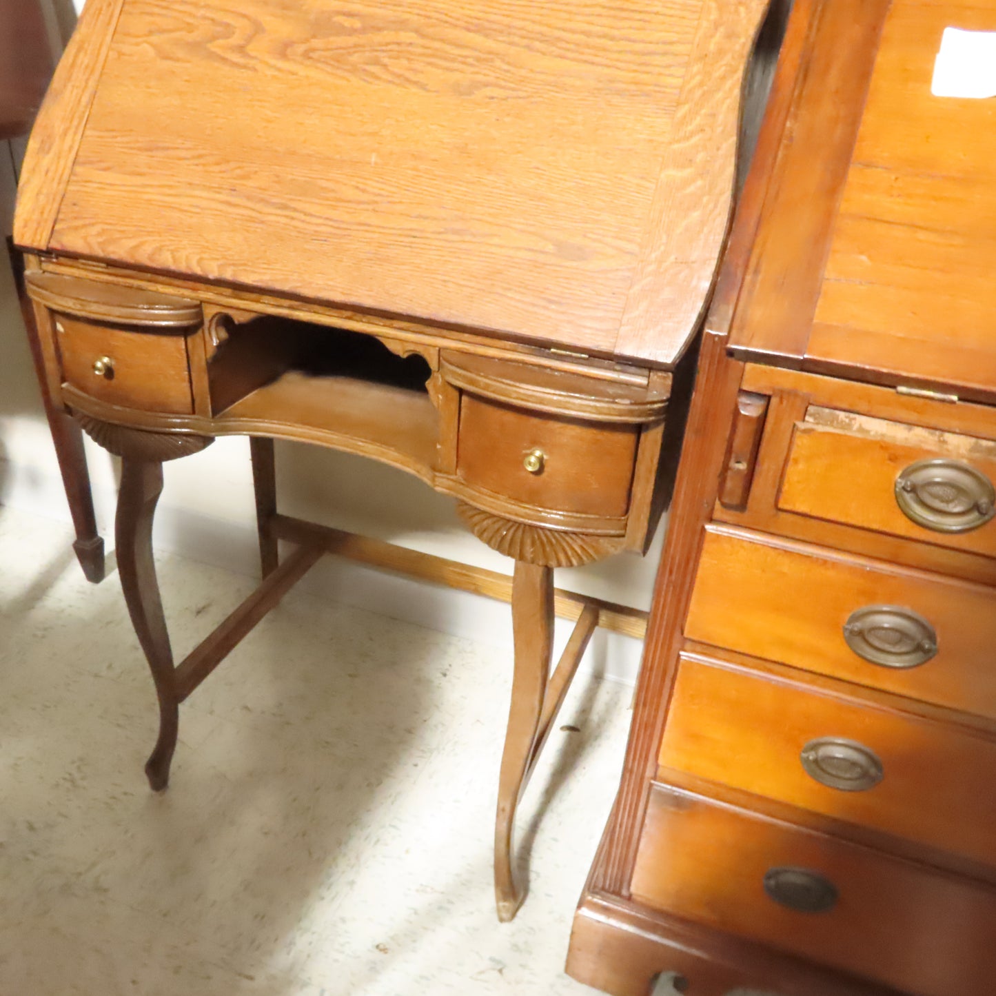 Ladies Slant Top desk in Oak with Mirror top and man of winter center