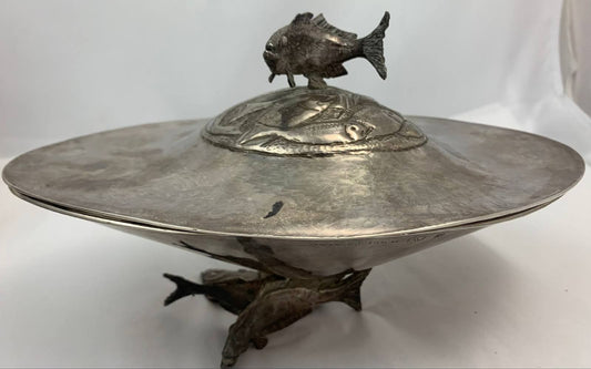 Sterling Covered Dish with Three Dimensional Fish Base and Handle