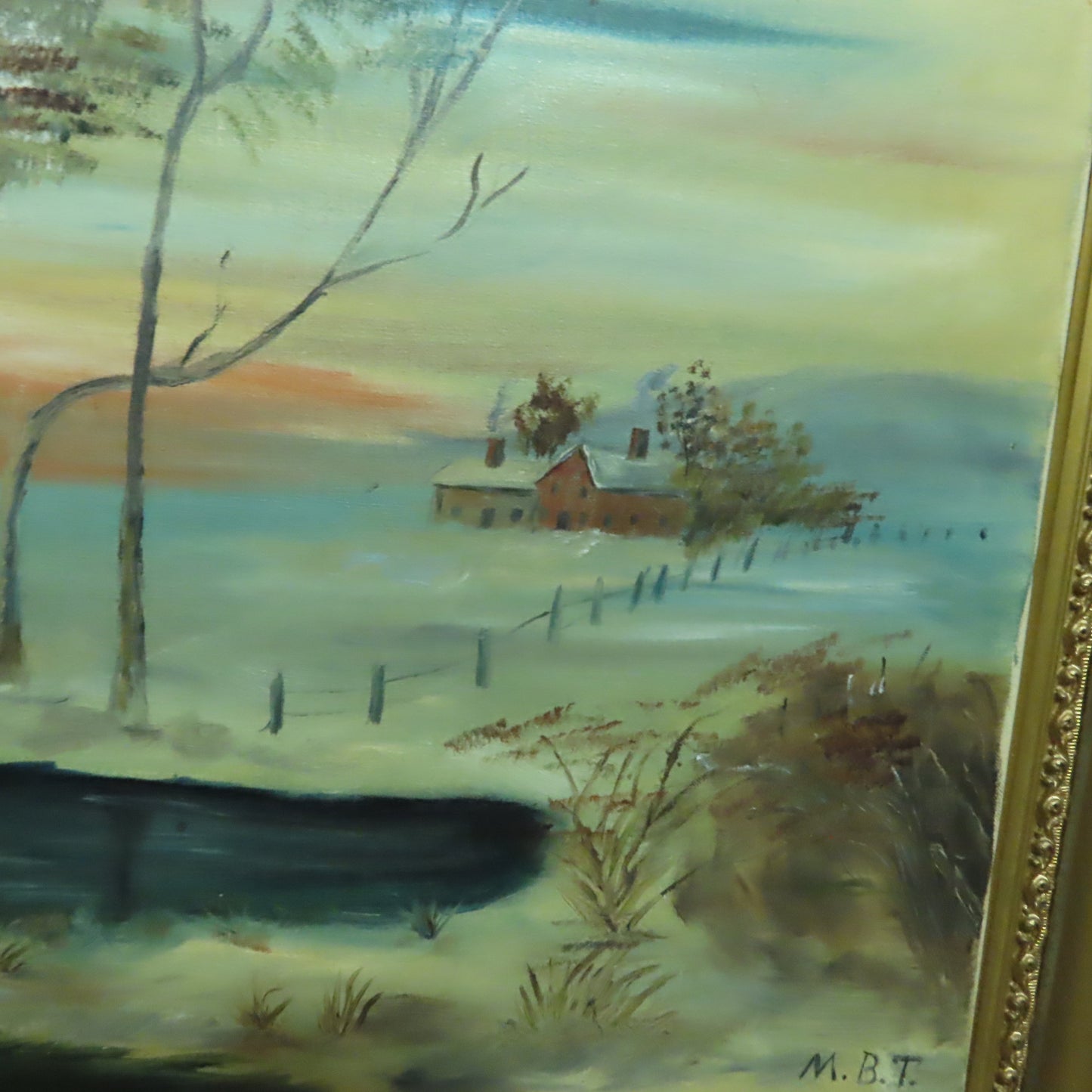Vintage Hand Painted acrylic farm house river snow scene