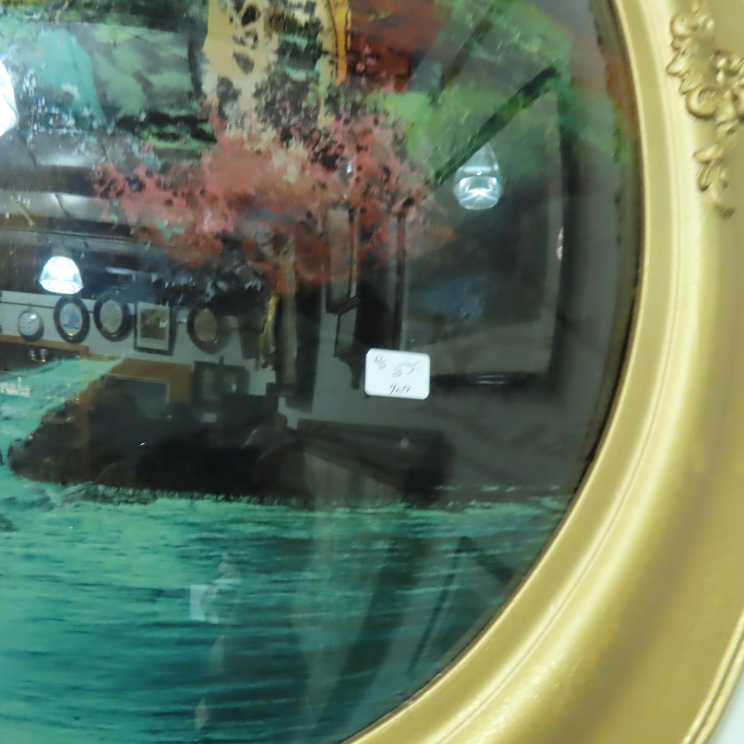 Vintage reverse painted Water wheel/ Mill Oval Domed Glass Framed