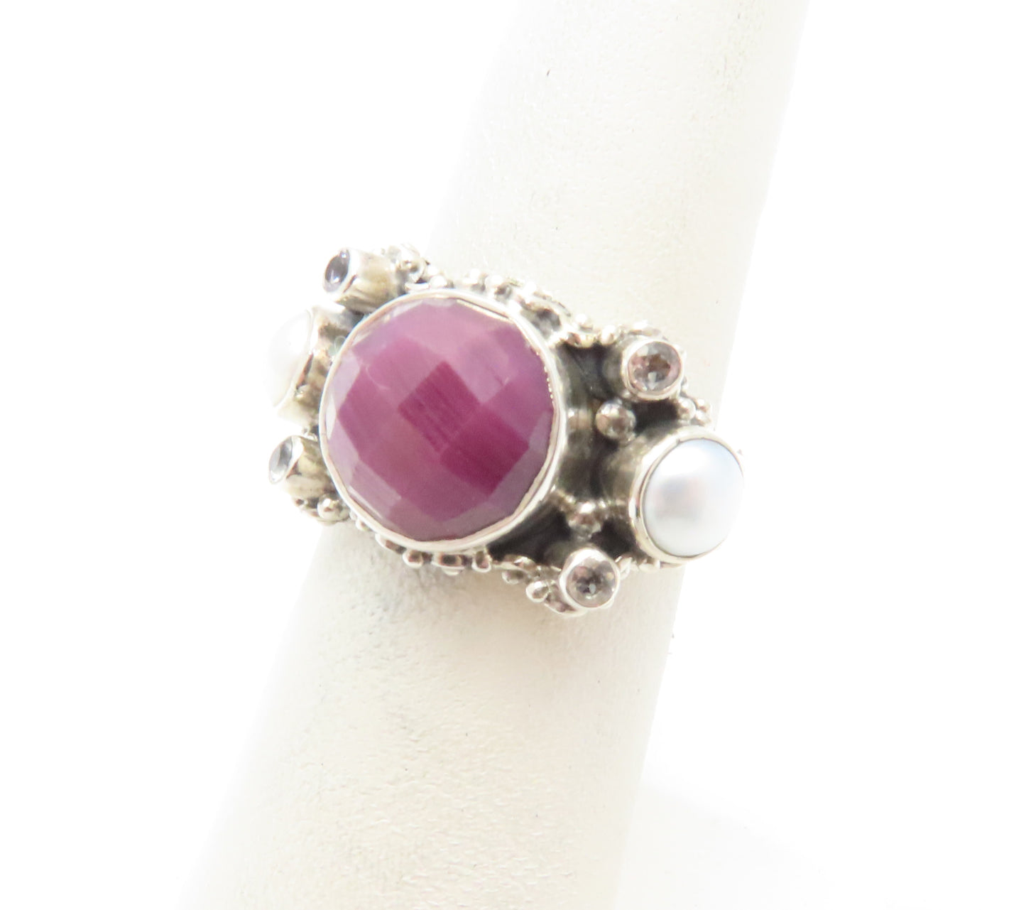 Sterling Silver Bezel-Set Ruby, Pearl, and White Topaz Ring Size 5.75