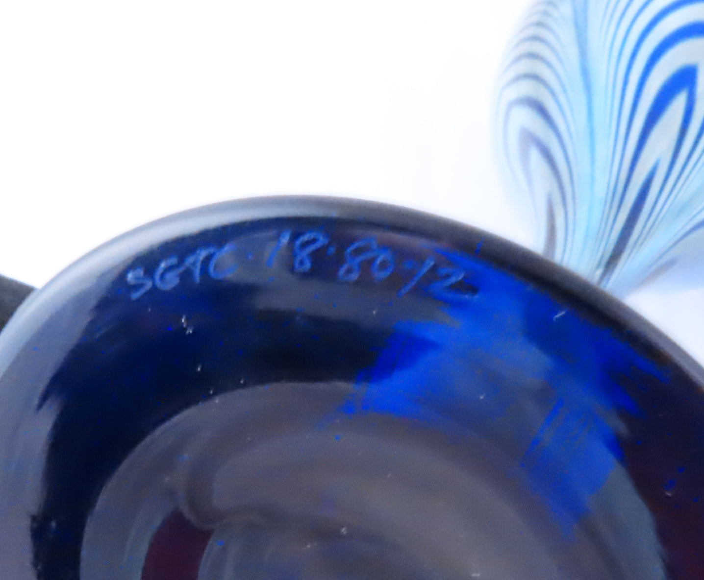 Handmade Signed Art Glass Cobalt Blue & Silver Pulled Feather Champagne Flute