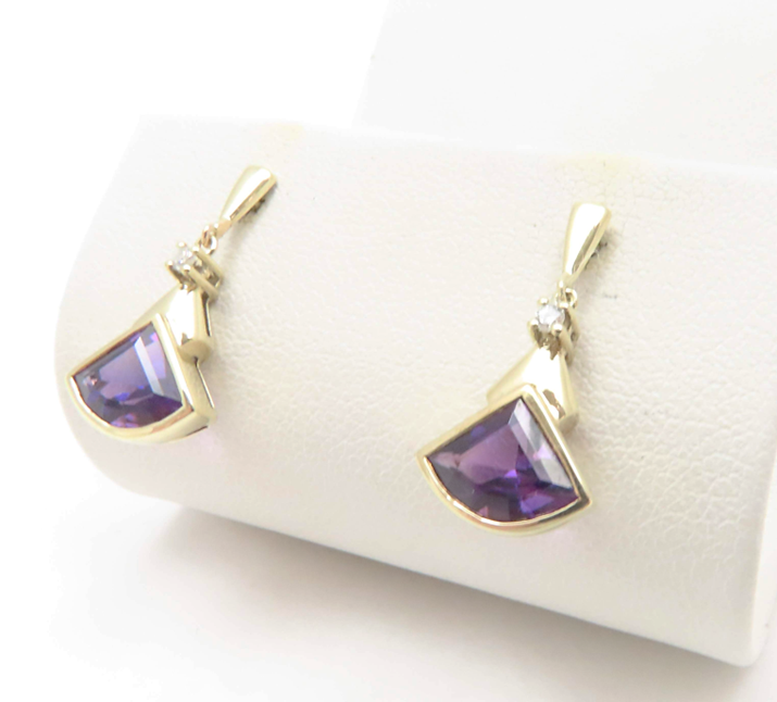 14k Yellow Gold Fancy Cut Amethyst with Round Diamond Accent Dangle Stud Earring