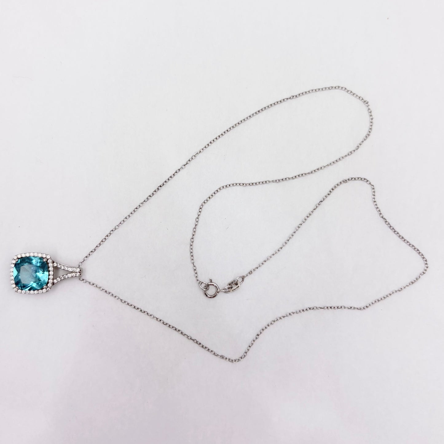 Sterling Silver Cushion Cut Apatite with Cubic Zirconia Halo 18" Necklace