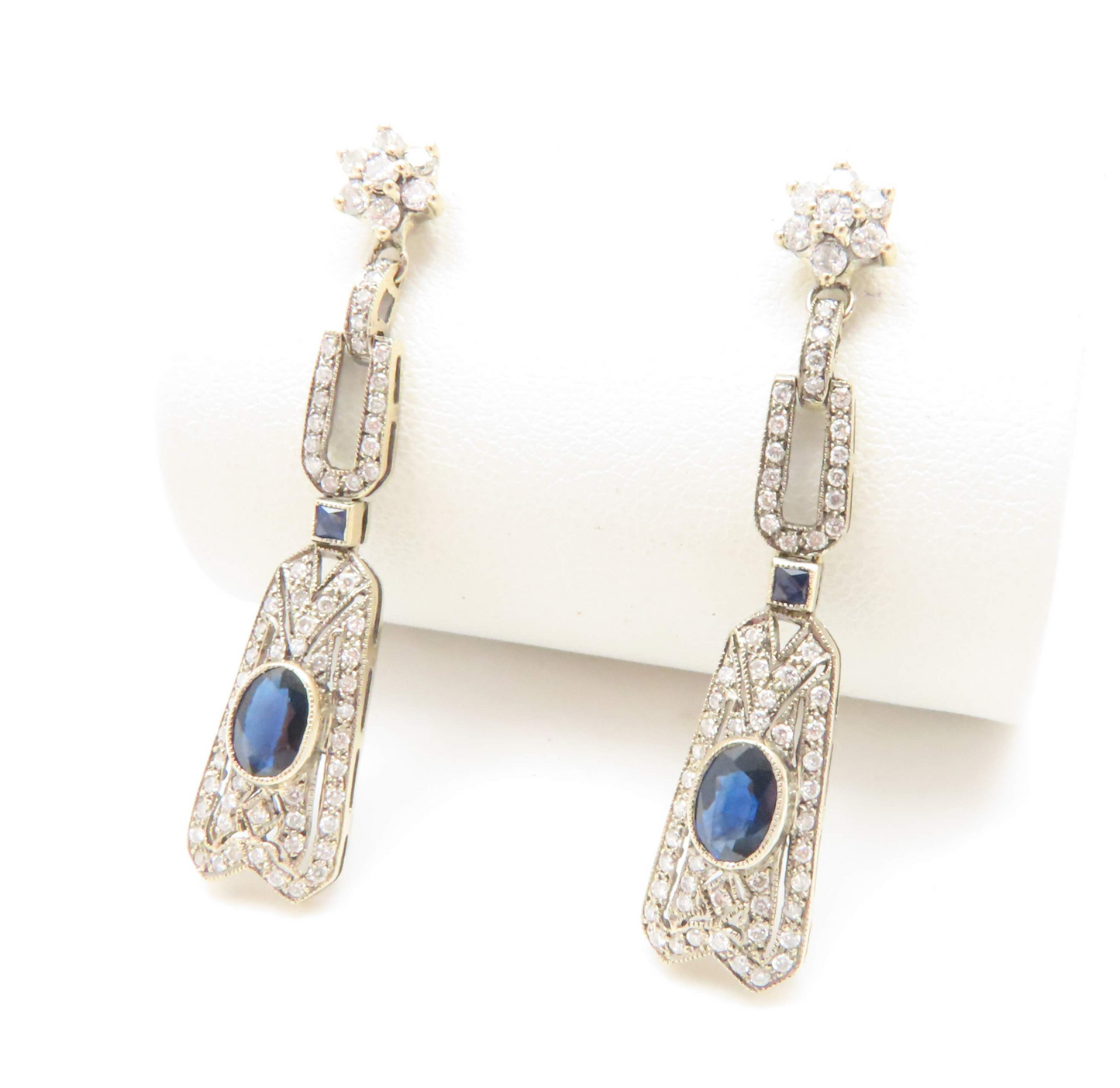18k White Gold Sapphire & ~3/4ctw Diamond Art Deco Earrings