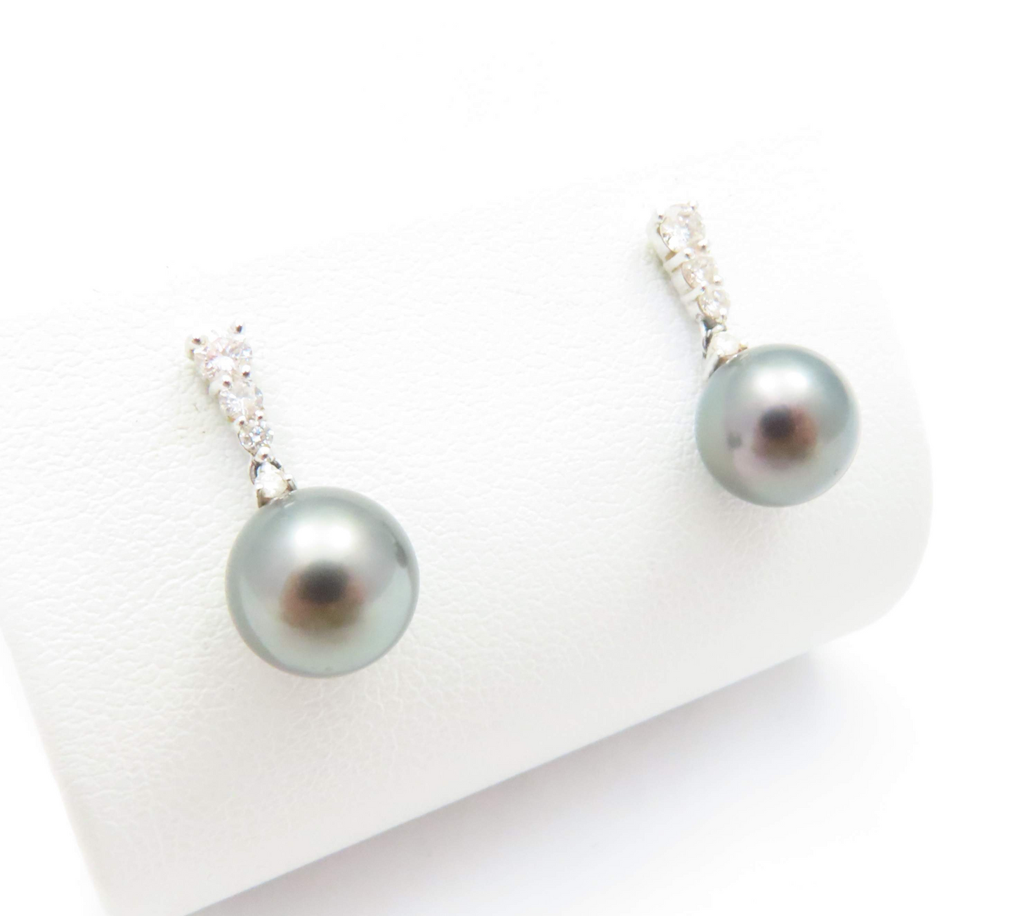 14k White Gold Black Pearl & ~1/4ctw Diamond Earrings