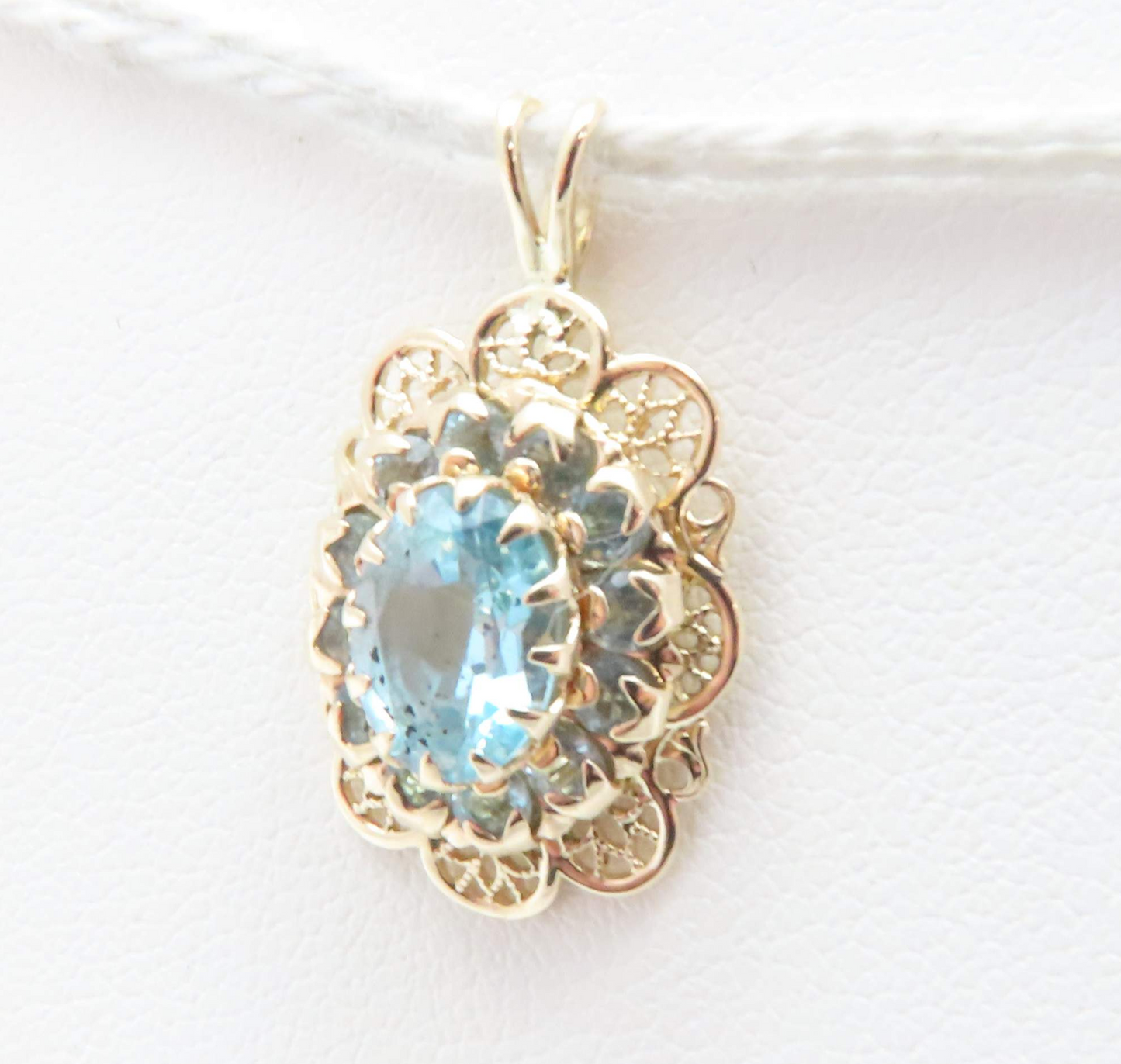10k Yellow Gold Oval Blue Topaz with Blue Topaz Halo Scalloped Pendant