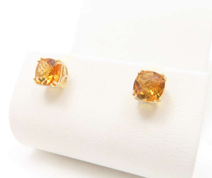 14k Yellow Gold Citrine Cushion Cut Stud Earrings