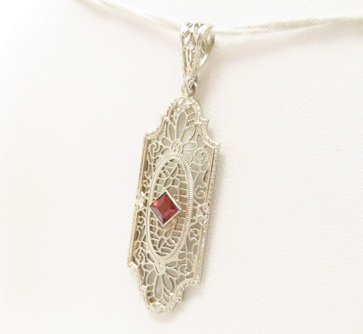 14k White Gold Garnet Filigree Pendant