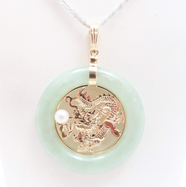 14k Yellow Gold Jade and Pearl Dragon Pendant