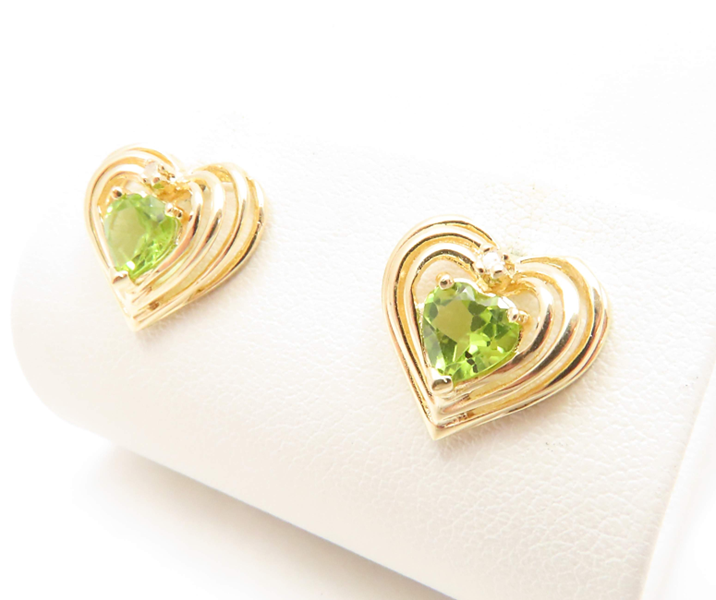 14k Yellow Gold Peridot and Diamond Accent Heart Shape Stud Earrings