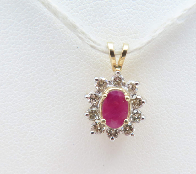 14k Yellow Gold Ruby Pendant with ~1/4c Diamond Halo