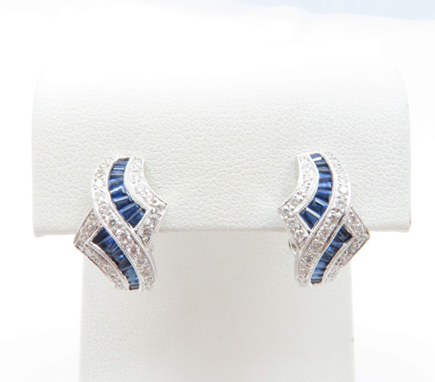 18k White Gold Sapphire and ~1/2c of Diamonds Omega Back Earrings