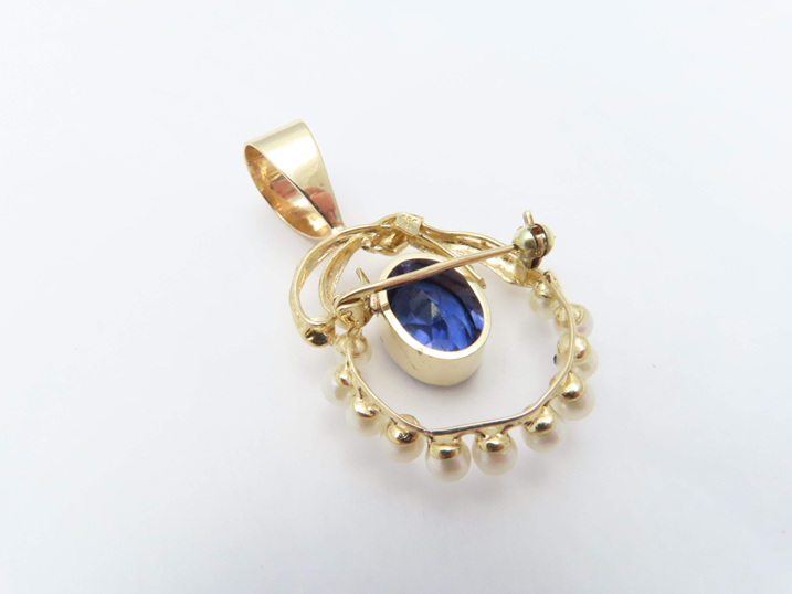14k Yellow Gold ~5 3/8c Tanzanite and Pearl Pendant/Brooch with Papers