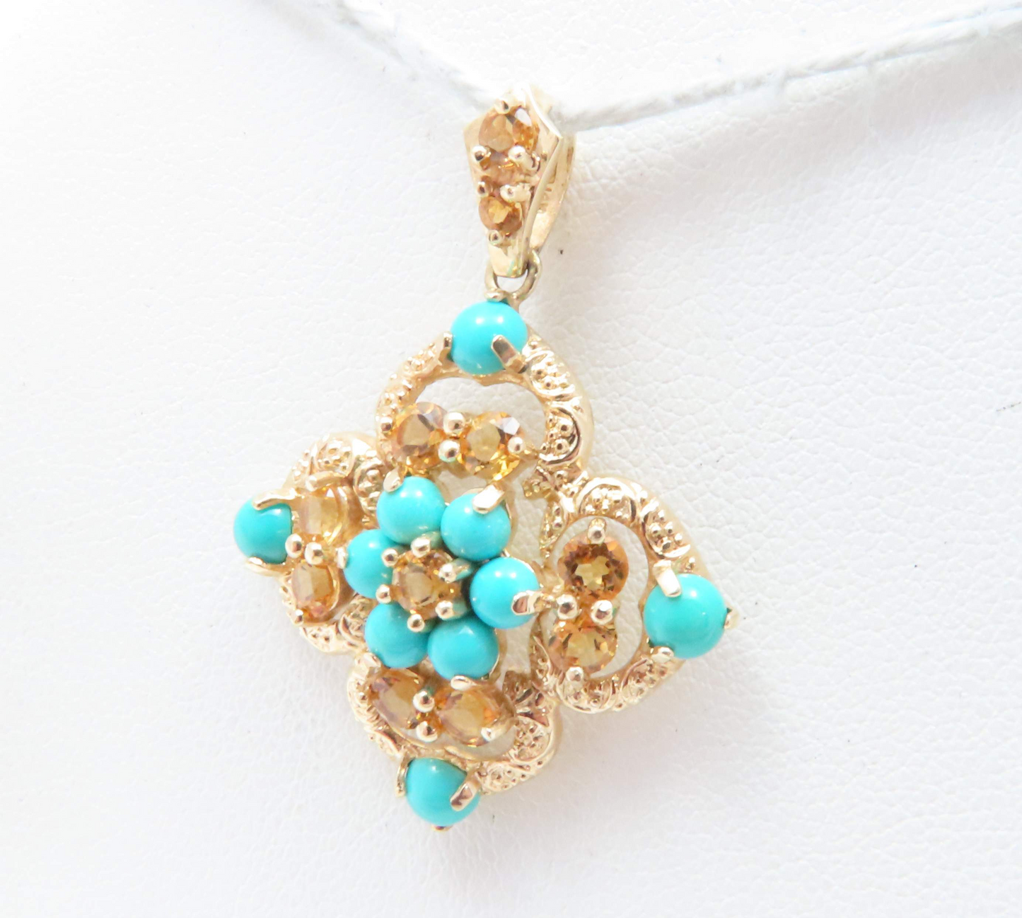14k Yellow Gold Citrine & Turquoise Quatrefoil Pendant