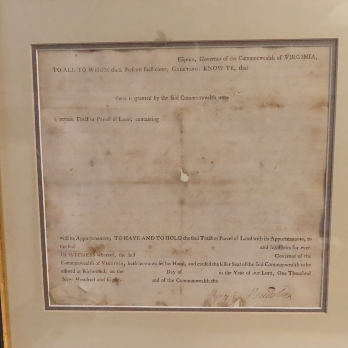 Antique Land Grant from 1788-91 Govenor of Virginia Beverly Randolph