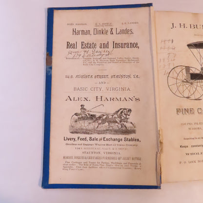 1890-91 Staunton Va Business Directory & 1928 Telephone Directory Harrisonburg Va