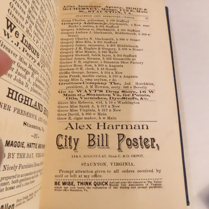 1890-91 Staunton Va Business Directory & 1928 Telephone Directory Harrisonburg Va