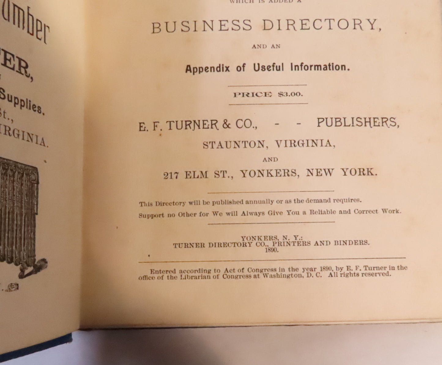 1890-91 Staunton Va Business Directory & 1928 Telephone Directory Harrisonburg Va