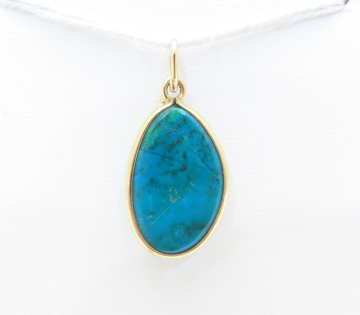 14K Yellow Gold Oval Bezel Set Chrysocolla Pendant ~1.25"
