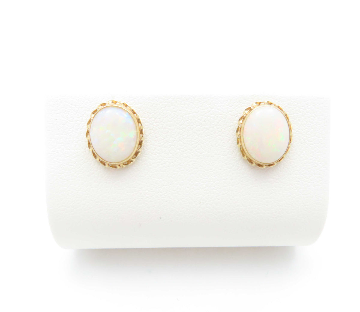 14K Yellow Gold ~10x8MM Bezel Set Opal Stud Earrings