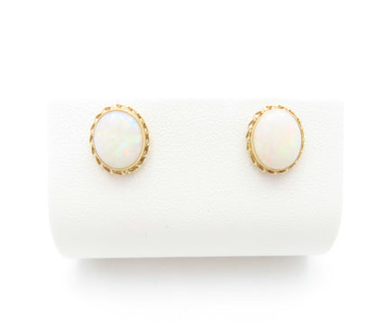 14K Yellow Gold ~10x8MM Bezel Set Opal Stud Earrings