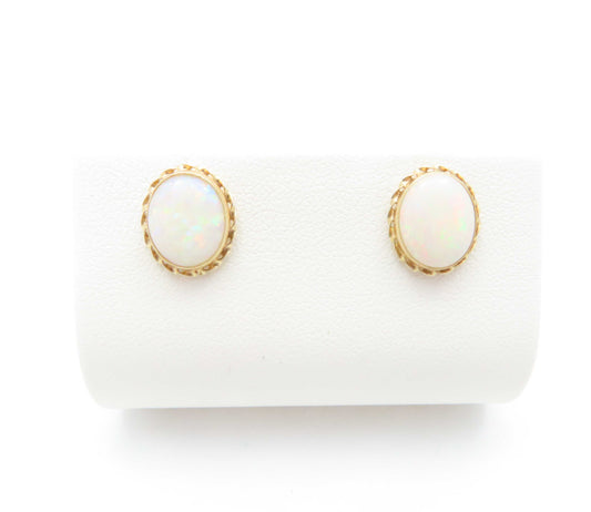 14K Yellow Gold ~10x8MM Bezel Set Opal Stud Earrings