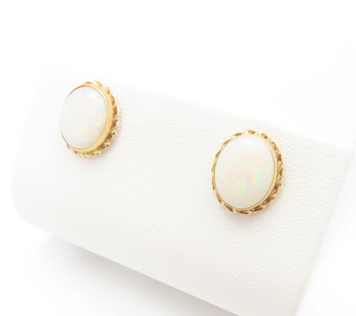 14K Yellow Gold ~10x8MM Bezel Set Opal Stud Earrings