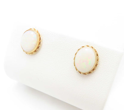 14K Yellow Gold ~10x8MM Bezel Set Opal Stud Earrings