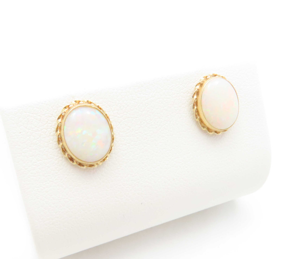 14K Yellow Gold ~10x8MM Bezel Set Opal Stud Earrings