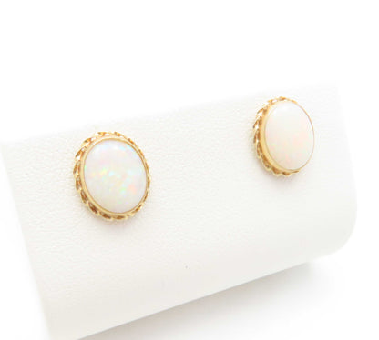 14K Yellow Gold ~10x8MM Bezel Set Opal Stud Earrings