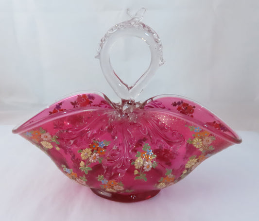 Vintage Cranberry Glass Pinched Basket Enamel Flowers