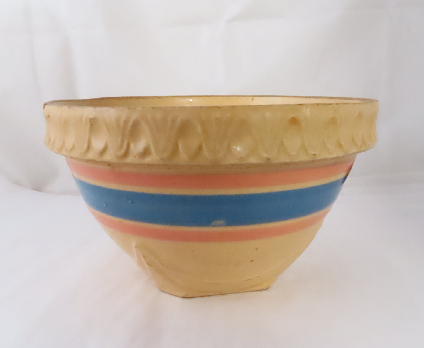 Antique McCoy Yellow Ware Pink & Blue Stripe Arch Bowls