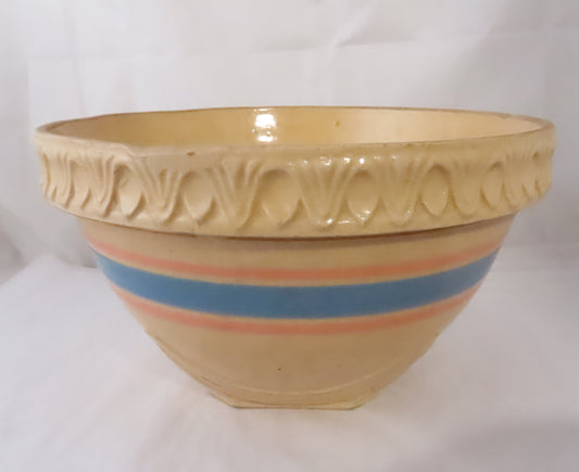 Antique McCoy Yellow Ware Pink & Blue Stripe Arch Bowls