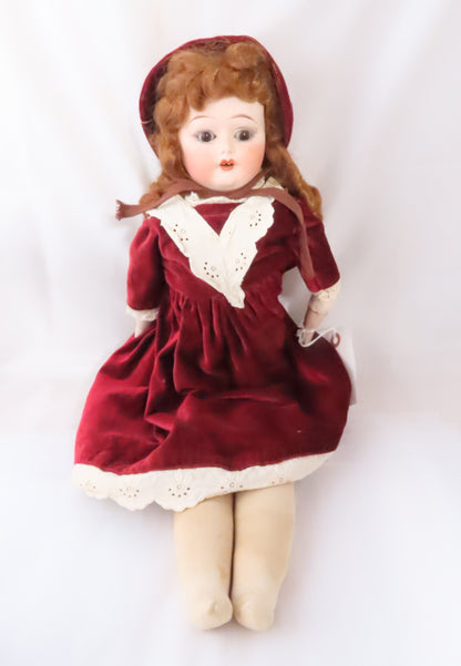 Antique Fulper Porcelain Head Doll Burgandy Dress Doll