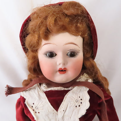 Antique Fulper Porcelain Head Doll Burgandy Dress Doll